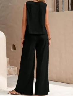Hot Women's Fashion Streetwear Daily Shirt Linen-Inspired Sets Two Piece Sets Wide Leg Pants Sleeveless Crew Neck Plain Casual Daily Black Yellow Army Green Summer Regular Fit Women Sets