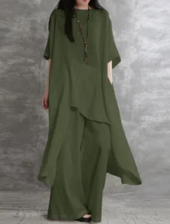 Sale Women's Fashion Streetwear Daily Shirt Linen-Inspired Sets Two Piece Sets Wide Leg Pants 3/4 Length Sleeve Crew Neck Plain Casual Daily Black White Army Green Spring & Fall Regular Fit Women Sets