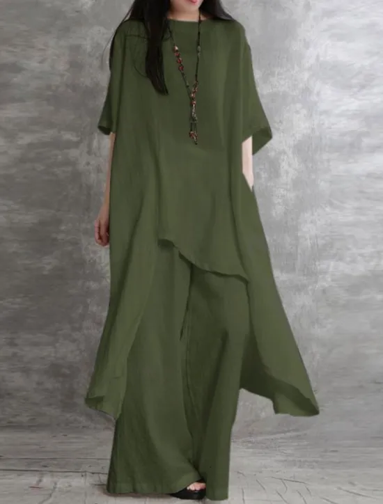 Sale Women's Fashion Streetwear Daily Shirt Linen-Inspired Sets Two Piece Sets Wide Leg Pants 3/4 Length Sleeve Crew Neck Plain Casual Daily Black White Army Green Spring & Fall Regular Fit Women Sets