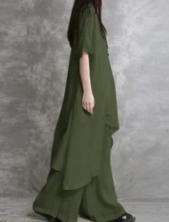 Sale Women's Fashion Streetwear Daily Shirt Linen-Inspired Sets Two Piece Sets Wide Leg Pants 3/4 Length Sleeve Crew Neck Plain Casual Daily Black White Army Green Spring & Fall Regular Fit Women Sets