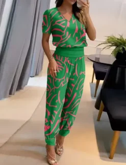 Hot Women's Fashion Streetwear Daily Pants Sets Short Sleeve V Neck Graphic Print Casual Daily Navy Blue Blue Gold Summer Regular Fit Women Two Piece Sets
