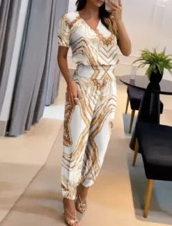 Hot Women's Fashion Streetwear Daily Pants Sets Short Sleeve V Neck Graphic Print Casual Daily Navy Blue Blue Gold Summer Regular Fit Women Two Piece Sets