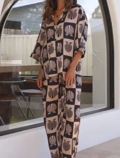 Discount Women's Fashion Streetwear Daily Shirt Wide Leg Pants 3/4 Length Sleeve Shirt Collar Floral Print Casual Daily Black Blue Orange Spring & Fall Regular Fit Women Two Piece Sets