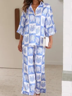 Discount Women's Fashion Streetwear Daily Shirt Wide Leg Pants 3/4 Length Sleeve Shirt Collar Floral Print Casual Daily Black Blue Orange Spring & Fall Regular Fit Women Two Piece Sets