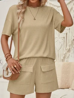 Outlet Women's Fashion Streetwear Daily T Shirt Baggy Shorts Short Sleeve Crew Neck Plain Casual Daily Pink Khaki Summer Regular Fit Women Two Piece Sets