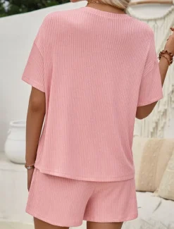Outlet Women's Fashion Streetwear Daily T Shirt Baggy Shorts Short Sleeve Crew Neck Plain Casual Daily Pink Khaki Summer Regular Fit Women Two Piece Sets