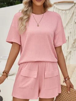 Outlet Women's Fashion Streetwear Daily T Shirt Baggy Shorts Short Sleeve Crew Neck Plain Casual Daily Pink Khaki Summer Regular Fit Women Two Piece Sets