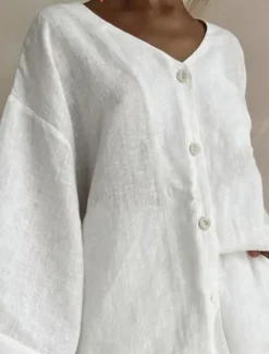 Clearance Women's Fashion Streetwear Daily Shirt Linen-Inspired Sets Two Piece Sets Baggy Shorts Long Sleeve V Neck Plain Casual Daily Black White Blue Summer Regular Fit Women Sets