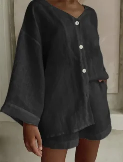 Clearance Women's Fashion Streetwear Daily Shirt Linen-Inspired Sets Two Piece Sets Baggy Shorts Long Sleeve V Neck Plain Casual Daily Black White Blue Summer Regular Fit Women Sets