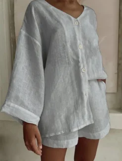 Clearance Women's Fashion Streetwear Daily Shirt Linen-Inspired Sets Two Piece Sets Baggy Shorts Long Sleeve V Neck Plain Casual Daily Black White Blue Summer Regular Fit Women Sets