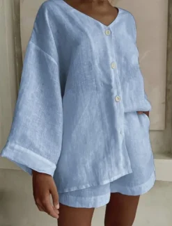Clearance Women's Fashion Streetwear Daily Shirt Linen-Inspired Sets Two Piece Sets Baggy Shorts Long Sleeve V Neck Plain Casual Daily Black White Blue Summer Regular Fit Women Sets