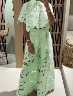 Women's Fashion Streetwear Daily Lace Shirt Wide Leg Pants Short Sleeve Shirt Collar Plain Lace Casual Daily Yellow Sky Blue Green Summer Regular Fit Women Two Piece Sets
