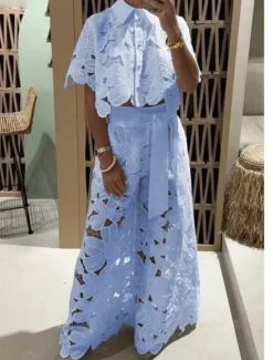 Women's Fashion Streetwear Daily Lace Shirt Wide Leg Pants Short Sleeve Shirt Collar Plain Lace Casual Daily Yellow Sky Blue Green Summer Regular Fit Women Two Piece Sets