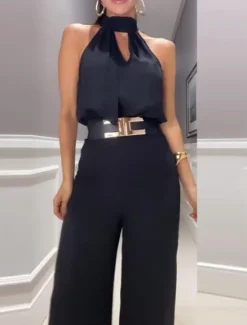 Sale Women's Fashion Streetwear Daily Tank Top Vest Wide Leg Pants Sleeveless Halter Neck Plain Casual Daily Black Yellow Red Summer Regular Fit Women Two Piece Sets
