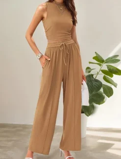 Clearance Women's Fashion Streetwear Daily Pants Sets Sleeveless Crew Neck Solid Color Drawstring Casual Daily Blue Orange Brown Summer Regular Fit Women Two Piece Sets