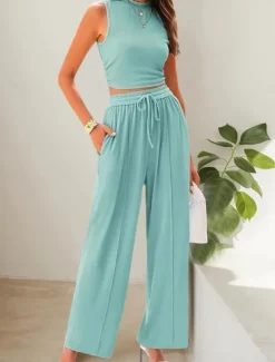 Clearance Women's Fashion Streetwear Daily Pants Sets Sleeveless Crew Neck Solid Color Drawstring Casual Daily Blue Orange Brown Summer Regular Fit Women Two Piece Sets