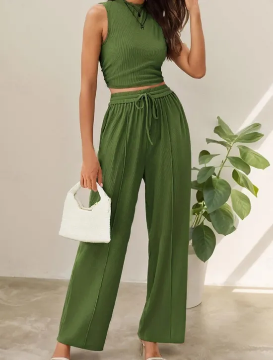 Clearance Women's Fashion Streetwear Daily Pants Sets Sleeveless Crew Neck Solid Color Drawstring Casual Daily Blue Orange Brown Summer Regular Fit Women Two Piece Sets