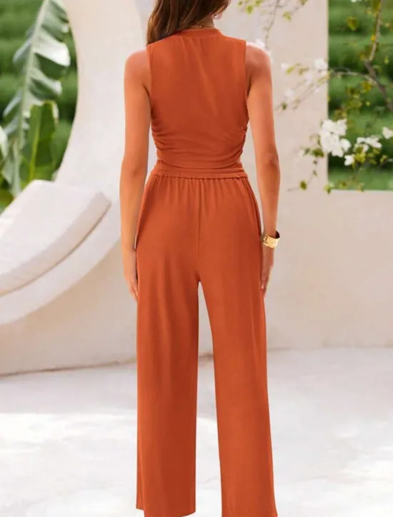 Clearance Women's Fashion Streetwear Daily Pants Sets Sleeveless Crew Neck Solid Color Drawstring Casual Daily Blue Orange Brown Summer Regular Fit Women Two Piece Sets