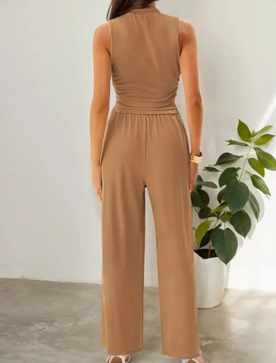 Clearance Women's Fashion Streetwear Daily Pants Sets Sleeveless Crew Neck Solid Color Drawstring Casual Daily Blue Orange Brown Summer Regular Fit Women Two Piece Sets