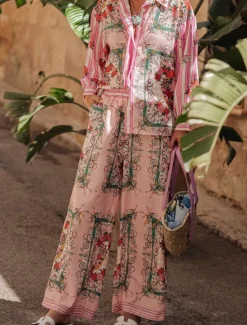 New Women's Fashion Streetwear Daily Shirt Blouse Wide Leg Pants Long Sleeve Shirt Collar Floral Color Block Print Casual Daily Spring & Fall Regular Fit Women Two Piece Sets