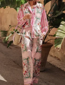New Women's Fashion Streetwear Daily Shirt Blouse Wide Leg Pants Long Sleeve Shirt Collar Floral Color Block Print Casual Daily Spring & Fall Regular Fit Women Two Piece Sets