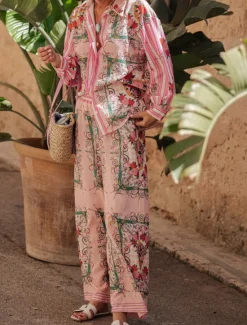 New Women's Fashion Streetwear Daily Shirt Blouse Wide Leg Pants Long Sleeve Shirt Collar Floral Color Block Print Casual Daily Spring & Fall Regular Fit Women Two Piece Sets