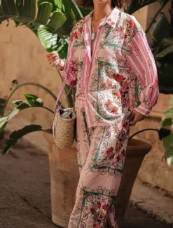 New Women's Fashion Streetwear Daily Shirt Blouse Wide Leg Pants Long Sleeve Shirt Collar Floral Color Block Print Casual Daily Spring & Fall Regular Fit Women Two Piece Sets