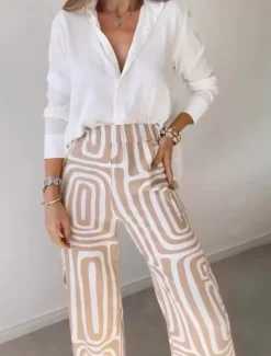 Discount Women's Fashion Streetwear Daily Shirt Linen-Inspired Sets Two Piece Sets Dress Pants Long Sleeve Bishop Sleeve Shirt Collar Plain Printing Patchwork Print Formal Casual Daily Fall Regular Fit Women Sets