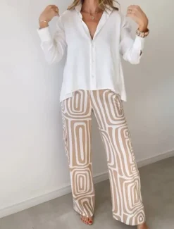 Discount Women's Fashion Streetwear Daily Shirt Linen-Inspired Sets Two Piece Sets Dress Pants Long Sleeve Bishop Sleeve Shirt Collar Plain Printing Patchwork Print Formal Casual Daily Fall Regular Fit Women Sets