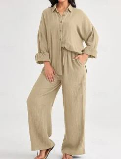 Best Women's Fashion Streetwear Shirt Two Piece Sets Pants Sets Long Sleeve Shirt Collar Solid Color Drawstring Daily Wear Date Black Wine Army Green Spring Regular Fit Women Sets