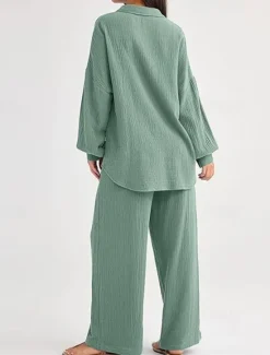 Best Women's Fashion Streetwear Shirt Two Piece Sets Pants Sets Long Sleeve Shirt Collar Solid Color Drawstring Daily Wear Date Black Wine Army Green Spring Regular Fit Women Sets