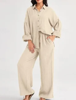 Best Women's Fashion Streetwear Shirt Two Piece Sets Pants Sets Long Sleeve Shirt Collar Solid Color Drawstring Daily Wear Date Black Wine Army Green Spring Regular Fit Women Sets