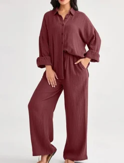 Best Women's Fashion Streetwear Shirt Two Piece Sets Pants Sets Long Sleeve Shirt Collar Solid Color Drawstring Daily Wear Date Black Wine Army Green Spring Regular Fit Women Sets