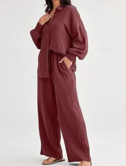 Best Women's Fashion Streetwear Shirt Two Piece Sets Pants Sets Long Sleeve Shirt Collar Solid Color Drawstring Daily Wear Date Black Wine Army Green Spring Regular Fit Women Sets