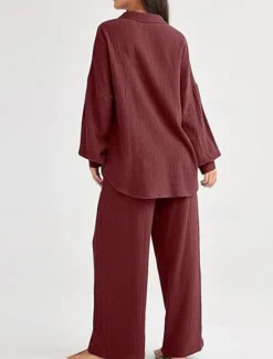 Best Women's Fashion Streetwear Shirt Two Piece Sets Pants Sets Long Sleeve Shirt Collar Solid Color Drawstring Daily Wear Date Black Wine Army Green Spring Regular Fit Women Sets