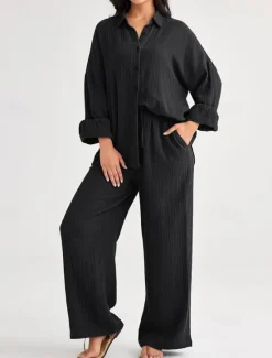 Best Women's Fashion Streetwear Shirt Two Piece Sets Pants Sets Long Sleeve Shirt Collar Solid Color Drawstring Daily Wear Date Black Wine Army Green Spring Regular Fit Women Sets