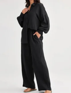 Best Women's Fashion Streetwear Shirt Two Piece Sets Pants Sets Long Sleeve Shirt Collar Solid Color Drawstring Daily Wear Date Black Wine Army Green Spring Regular Fit Women Sets