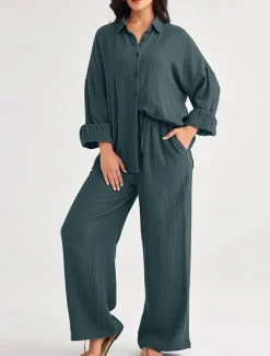 Best Women's Fashion Streetwear Shirt Two Piece Sets Pants Sets Long Sleeve Shirt Collar Solid Color Drawstring Daily Wear Date Black Wine Army Green Spring Regular Fit Women Sets