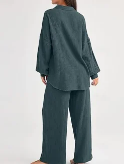 Best Women's Fashion Streetwear Shirt Two Piece Sets Pants Sets Long Sleeve Shirt Collar Solid Color Drawstring Daily Wear Date Black Wine Army Green Spring Regular Fit Women Sets