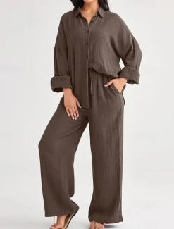 Best Women's Fashion Streetwear Shirt Two Piece Sets Pants Sets Long Sleeve Shirt Collar Solid Color Drawstring Daily Wear Date Black Wine Army Green Spring Regular Fit Women Sets