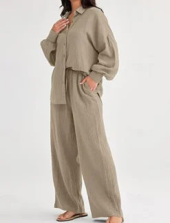 Best Women's Fashion Streetwear Shirt Two Piece Sets Pants Sets Long Sleeve Shirt Collar Solid Color Drawstring Daily Wear Date Black Wine Army Green Spring Regular Fit Women Sets