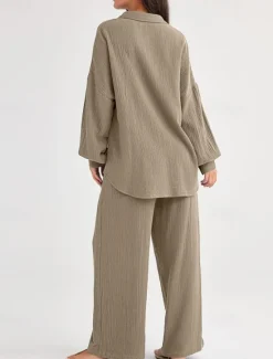 Best Women's Fashion Streetwear Shirt Two Piece Sets Pants Sets Long Sleeve Shirt Collar Solid Color Drawstring Daily Wear Date Black Wine Army Green Spring Regular Fit Women Sets