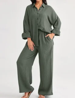 Best Women's Fashion Streetwear Shirt Two Piece Sets Pants Sets Long Sleeve Shirt Collar Solid Color Drawstring Daily Wear Date Black Wine Army Green Spring Regular Fit Women Sets