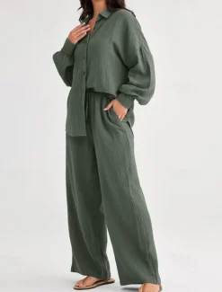 Best Women's Fashion Streetwear Shirt Two Piece Sets Pants Sets Long Sleeve Shirt Collar Solid Color Drawstring Daily Wear Date Black Wine Army Green Spring Regular Fit Women Sets