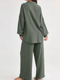 Best Women's Fashion Streetwear Shirt Two Piece Sets Pants Sets Long Sleeve Shirt Collar Solid Color Drawstring Daily Wear Date Black Wine Army Green Spring Regular Fit Women Sets