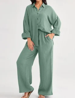 Best Women's Fashion Streetwear Shirt Two Piece Sets Pants Sets Long Sleeve Shirt Collar Solid Color Drawstring Daily Wear Date Black Wine Army Green Spring Regular Fit Women Sets