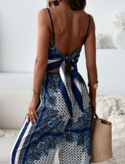 Best Women's Fashion Streetwear Daily Camisole Wide Leg Pants Sleeveless Strap Floral Backless Print Casual Daily Black Navy Blue Sky Blue Summer Regular Fit Women Two Piece Sets