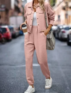 Hot Women's Fashion Streetwear Daily Shirt Chinos Long Sleeve Shirt Collar Plain Casual Daily Pink Green Khaki Fall Regular Fit Women Two Piece Sets