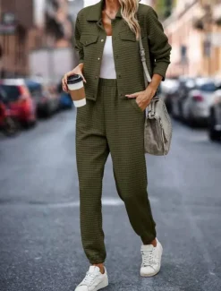 Hot Women's Fashion Streetwear Daily Shirt Chinos Long Sleeve Shirt Collar Plain Casual Daily Pink Green Khaki Fall Regular Fit Women Two Piece Sets