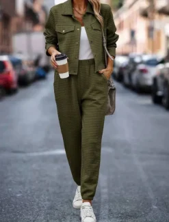 Hot Women's Fashion Streetwear Daily Shirt Chinos Long Sleeve Shirt Collar Plain Casual Daily Pink Green Khaki Fall Regular Fit Women Two Piece Sets